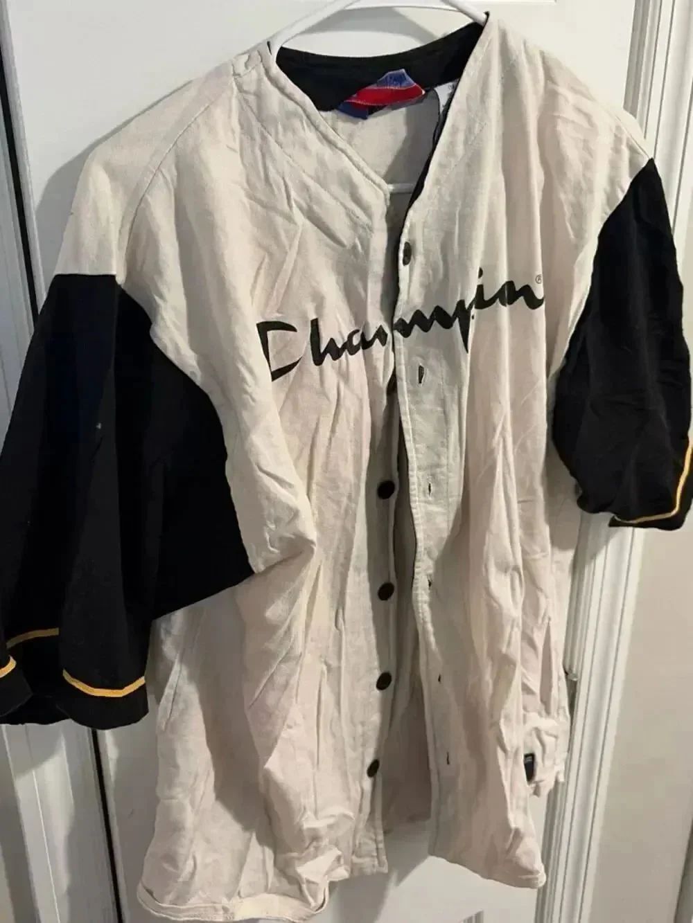 Champion Cream and Black Baseball Button-Up Jersey with Yellow Trim